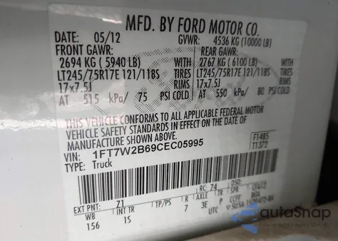 2012 Ford F-250 Xl from USA, damaged, VIN 1FT7W2B69CEC05995